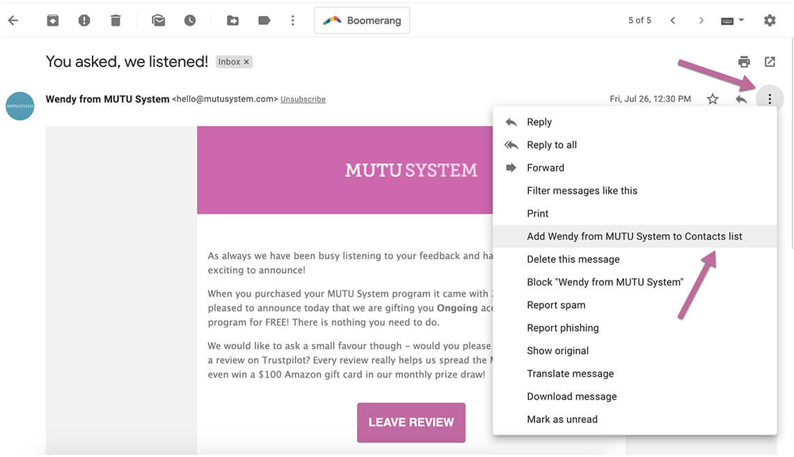 Instructions to whitelist MUTU on Gmail