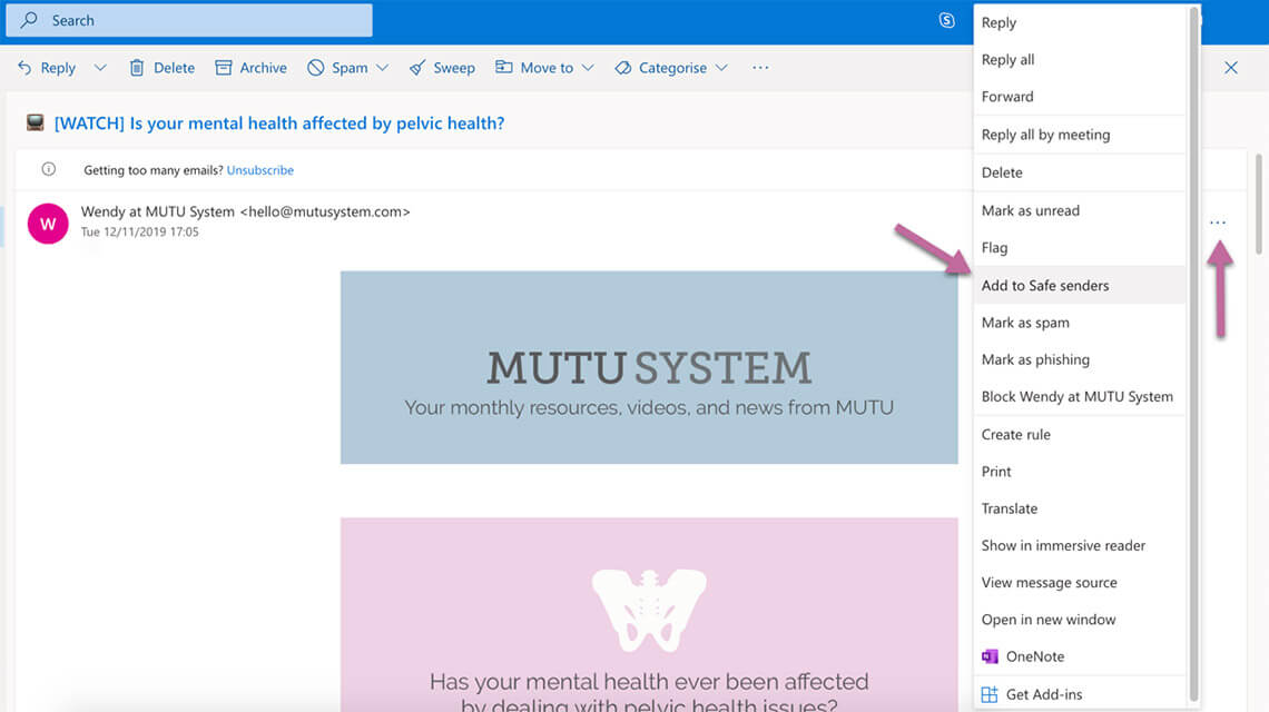 Instructions to whitelist MUTU on Outlook