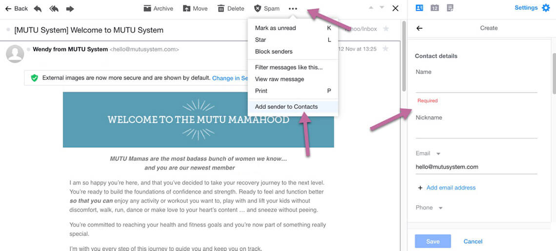 Instructions to whitelist MUTU on Yahoo Mail