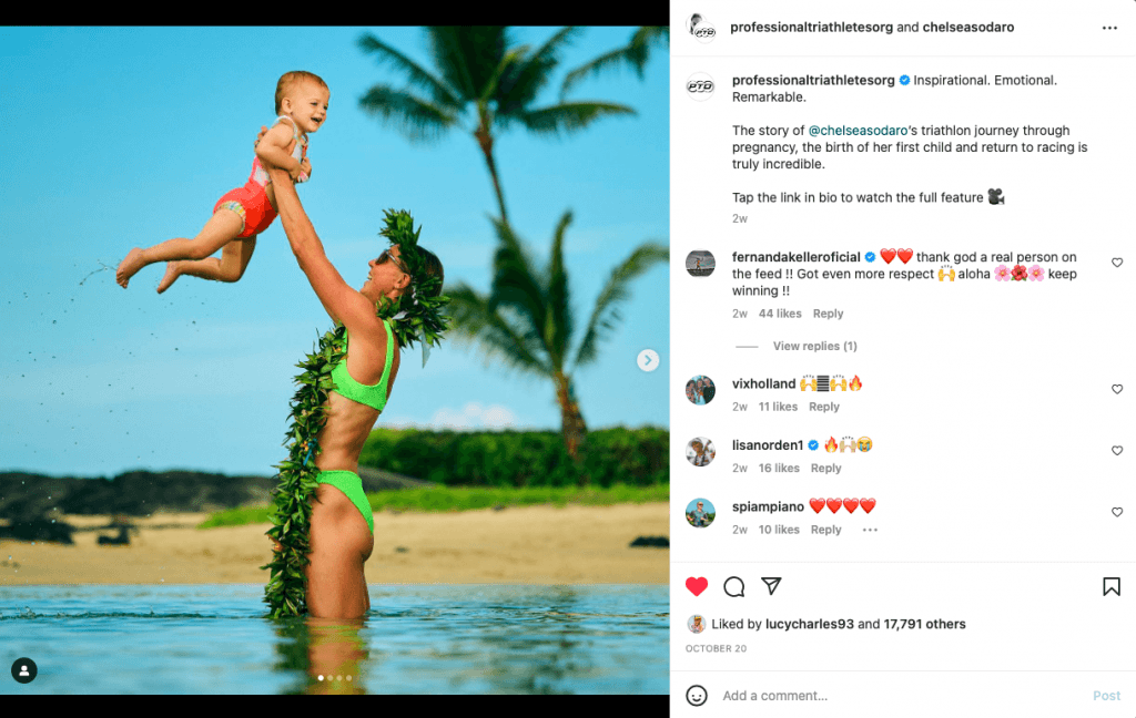 Chelsea Sodaro and baby Skye after winning IRONMAN Kona 18 months posptartum. 