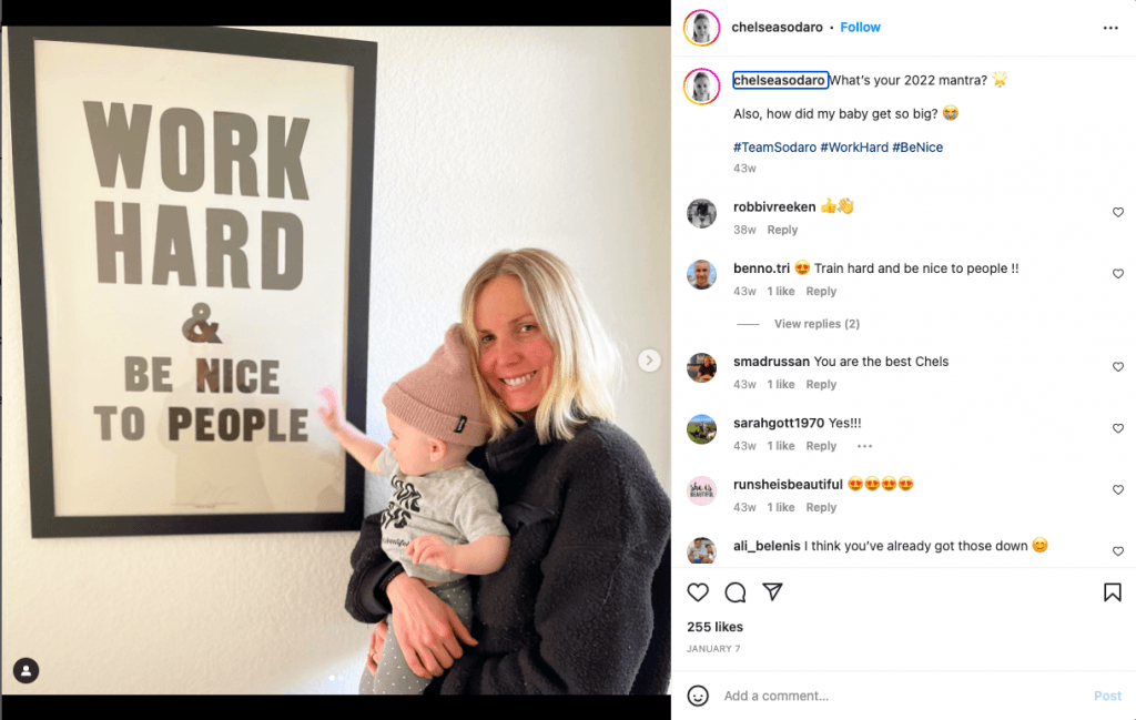 Chelsea Sodaro reminding moms to work hard and be nice. New mom Sodaro won the Kona IRONMAN championship after giving birth to her daughter, Skye.